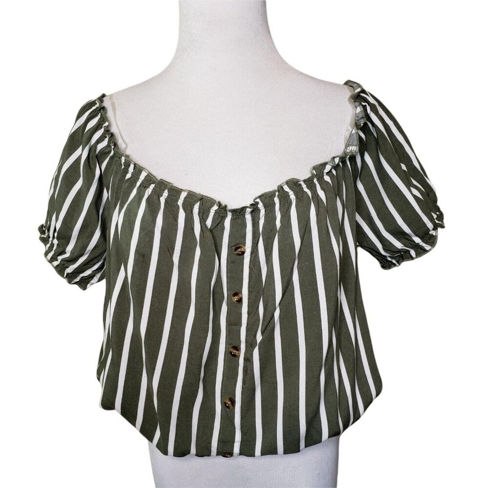 Striped Olive & White Off-Shoulder cropped Blouse With Button‎ Front Size M